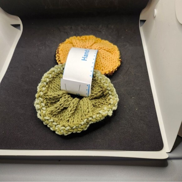 Hand Crafted Knit Scrunchies Yellow Green Jumbo Hair Band Accessory Set of 2 - Picture 6 of 10
